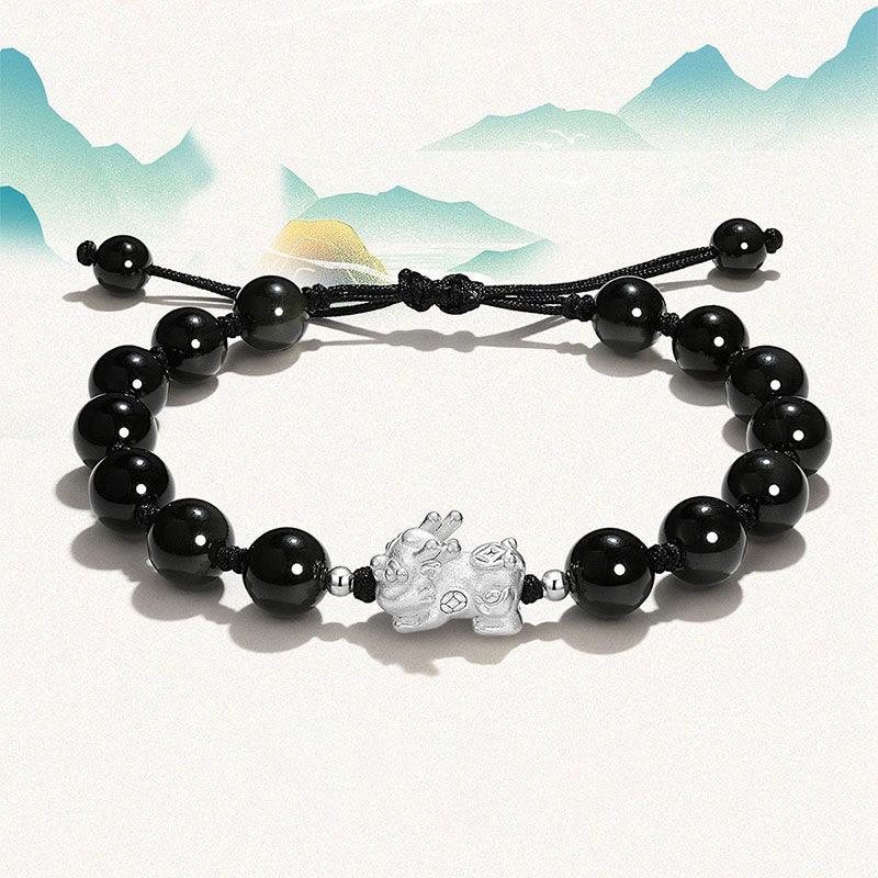 Nimara Ritual Natural Black Obsidian Cat's Eye Pink Crystal PiXiu Strength Bracelet