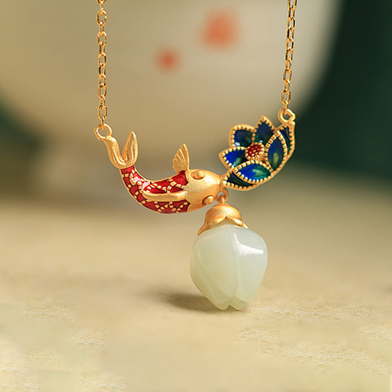 Nimara Ritual White Jade Koi Fish Lotus Copper Protection Necklace Pendant