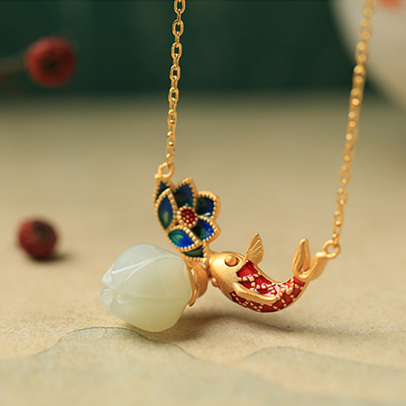Nimara Ritual White Jade Koi Fish Lotus Copper Protection Necklace Pendant