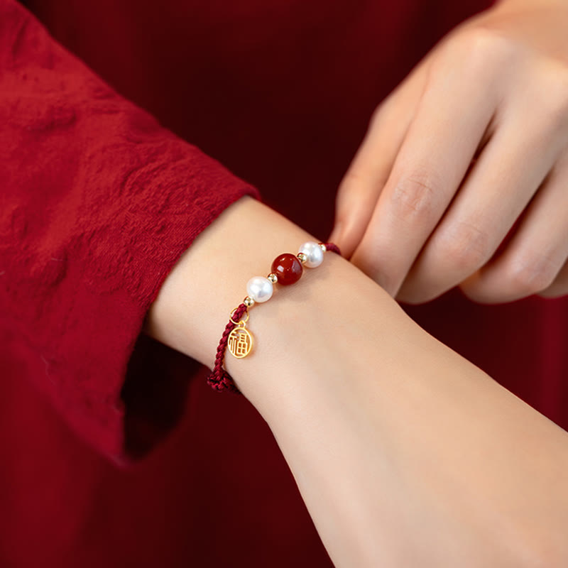 Nimara Ritual 925 Sterling Silver Good Fortune Fu Character Agate Pearl Red String Braid Bracelet