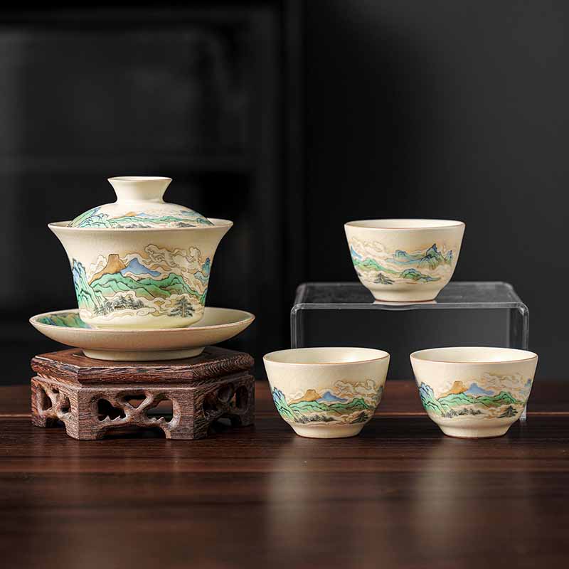 Nimara Ritual A Panorama of Rivers and Mountains Flowers Ceramic Gaiwan Sancai Teacup Kung Fu Tea Cup And Saucer With Lid