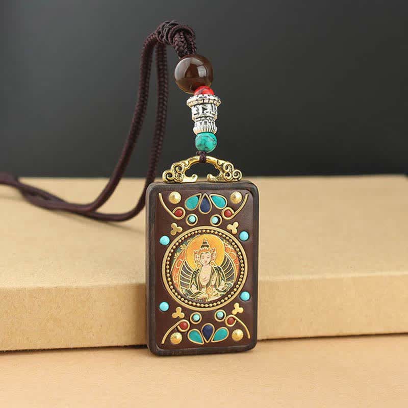 Nimara Ritual Tibet God of Wealth Thangka Ebony Peace Necklace Pendant