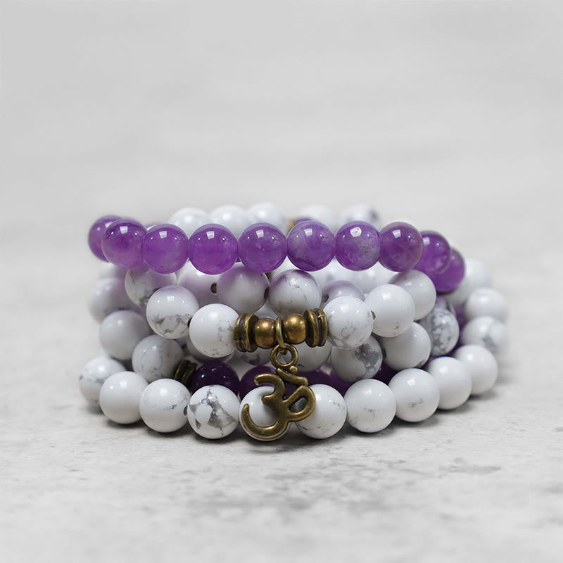 Nimara Ritual 108 Mala Beads Amethyst White Turquoise OM Healing Meditation Energy Bracelet