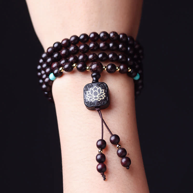 Nimara Ritual 108 Mala Beads Tibetan Small Leaf Red Sandalwood Lotus Balance Bracelet