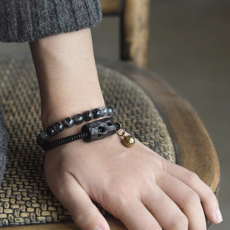 Nimara Ritual Black Rutilated Quartz Ebony Wood Copper Wisdom Couple Bracelet