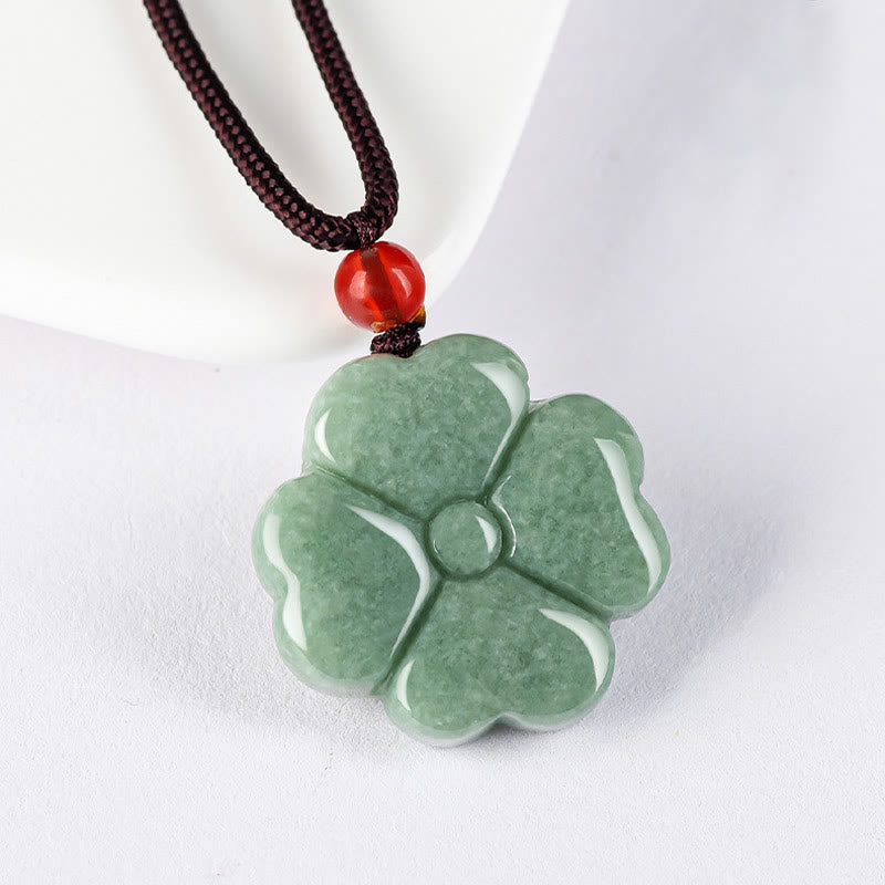 Nimara Ritual Natural Lucky Four Leaf Clover Jade Prosperity Necklace Pendant