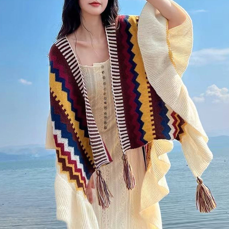 Nimara Ritual Tibetan Shawl Colorful Striped Wavy Line Tassels Winter Cozy Travel Scarf Wrap