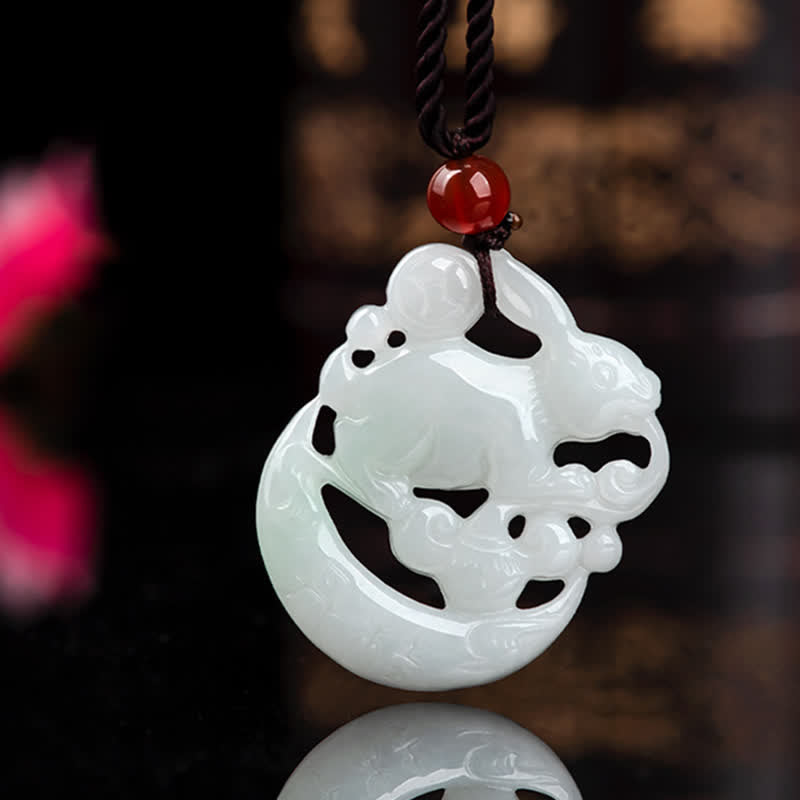 Nimara Ritual Year of the Rabbit White Jade Crescent Moon Protection Necklace Pendant