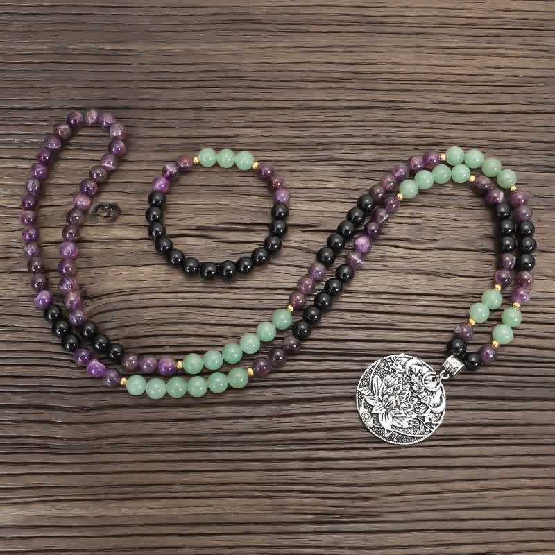 Nimara Ritual 108 Mala Beads Amethyst Green Aventurine Lotus Meditation Bracelet
