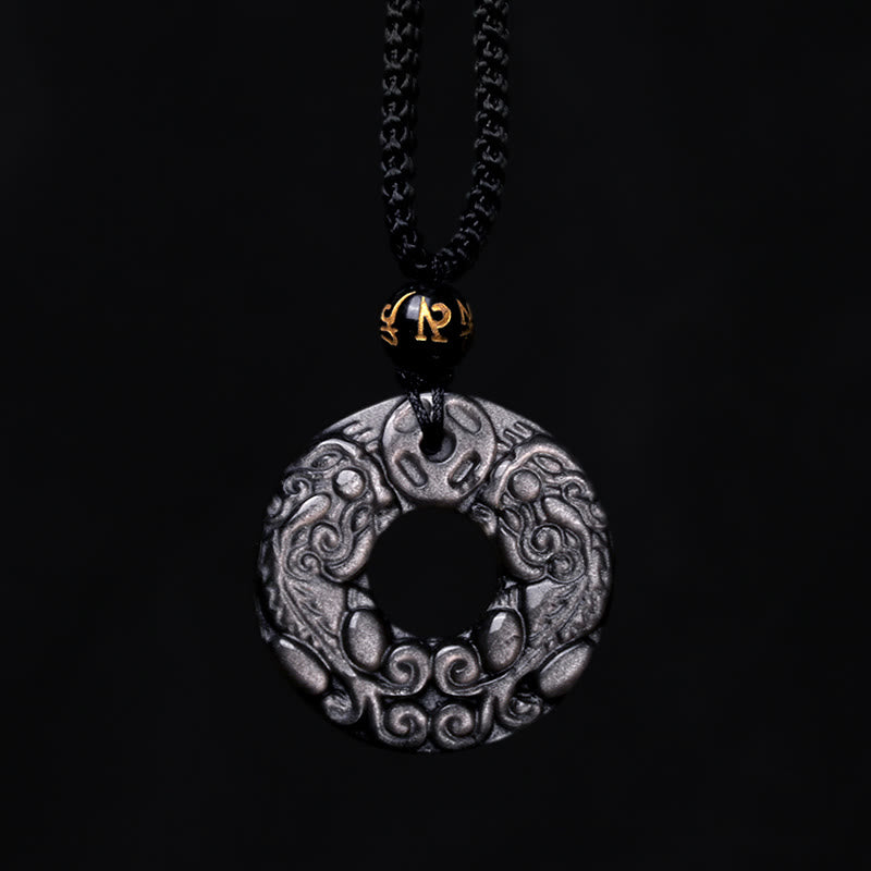 Nimara Ritual Natural Silver Sheen Obsidian Double PiXiu Copper Coin Peace Buckle Protection Necklace Pendant