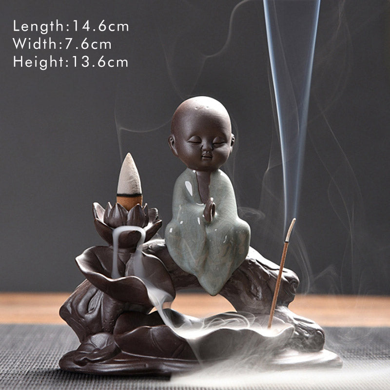 Nimara Ritual Little Monk Ceramic Lotus Blessing Incense Burner Decoration
