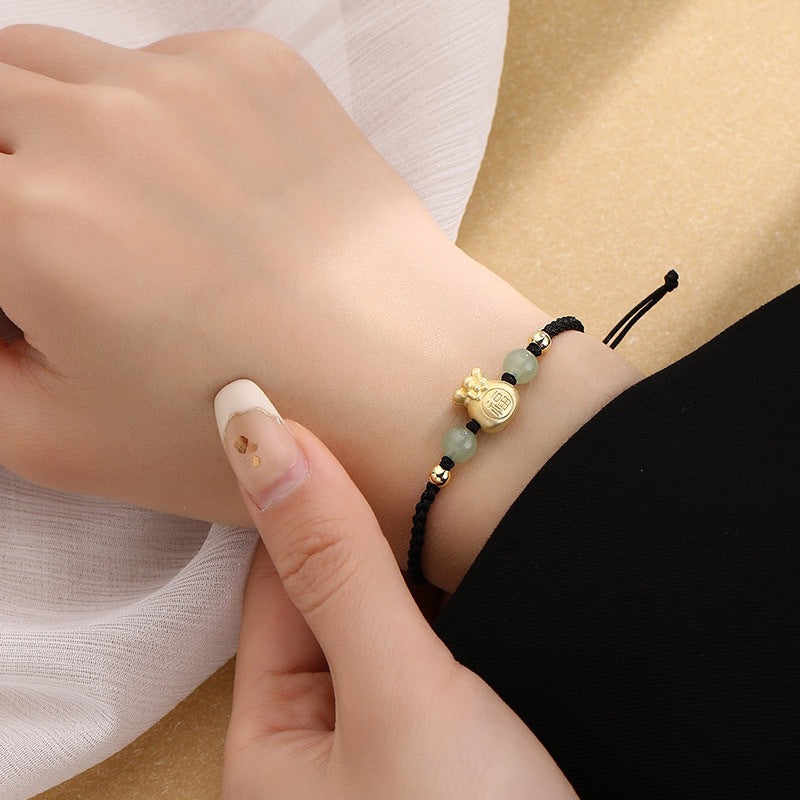 Nimara Ritual Lucky Money Bag Fu Character Jade Bead Luck Braided Bracelet