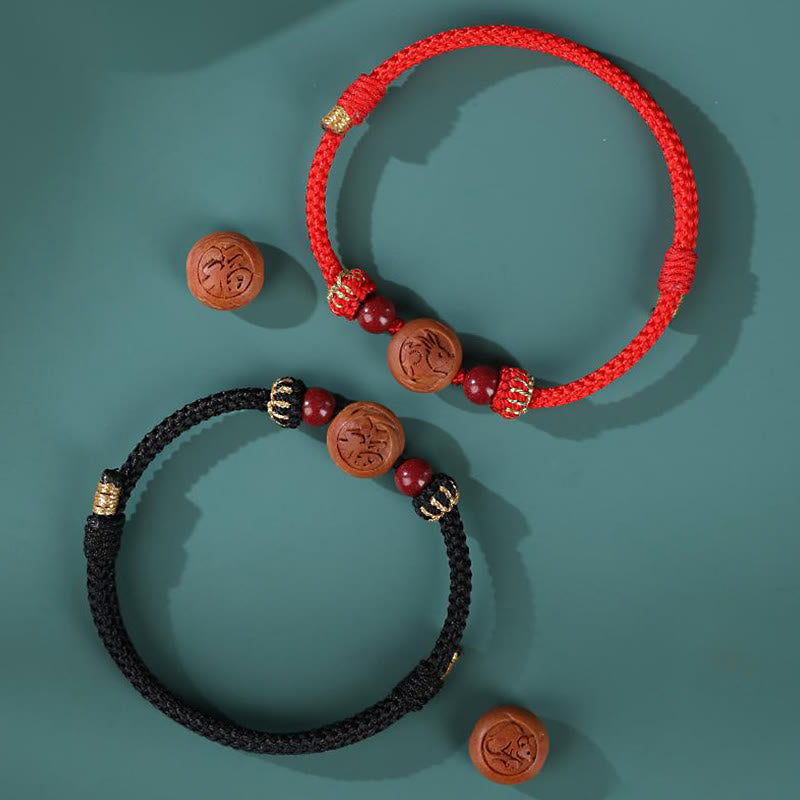 Nimara Ritual Natural Peach Wood Chinese Zodiac Fu Character Carved Cinnabar Wealth Bracelet