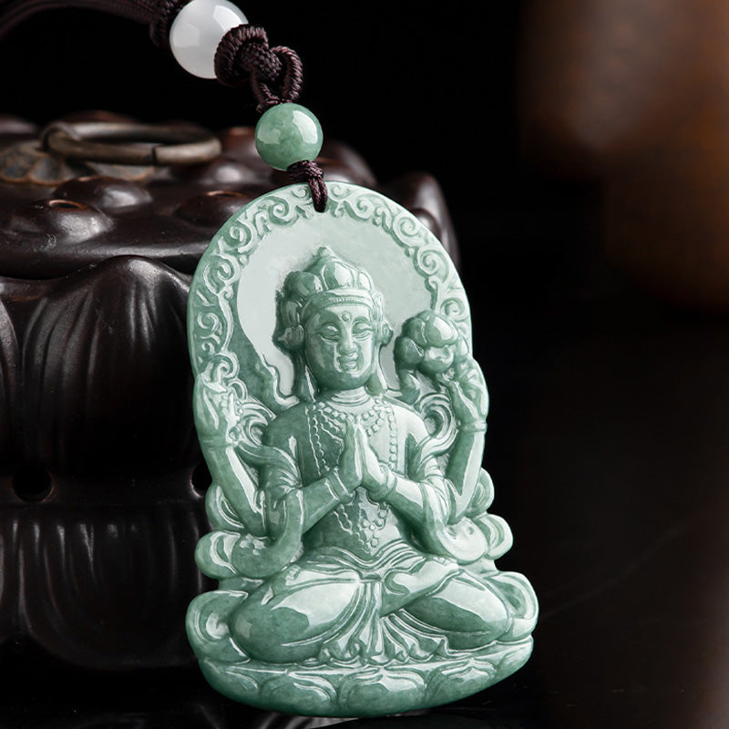 Nimara Ritual Four-armed Avalokitesvara Natural Jade Amulet Blessing String Necklace