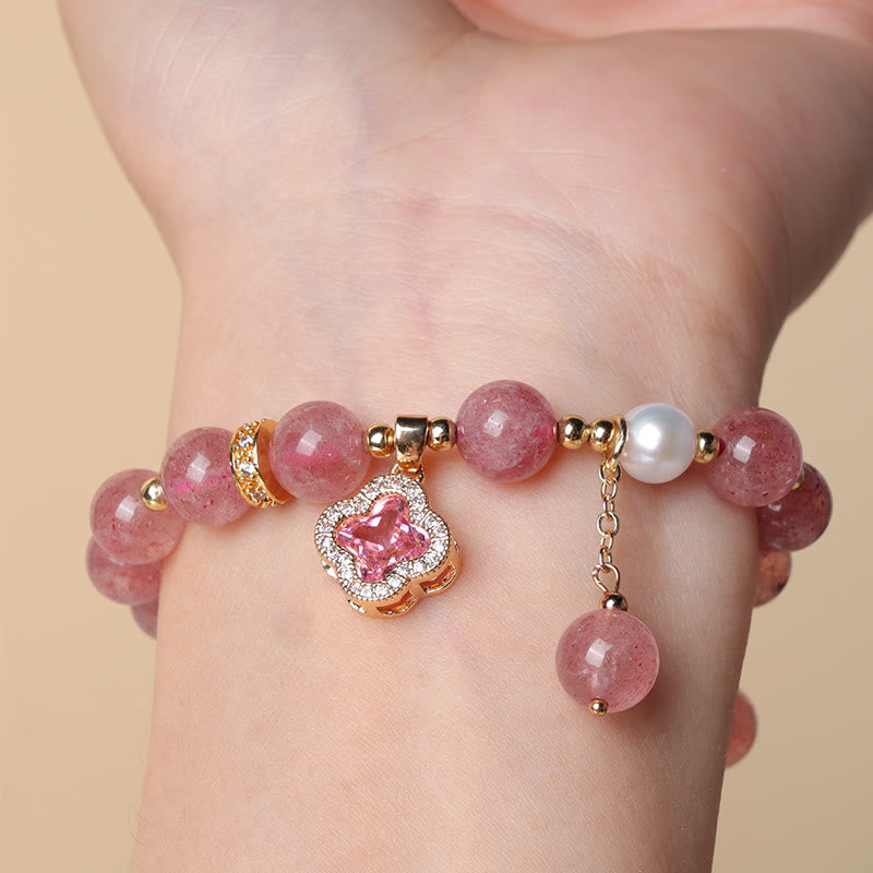 Nimara Ritual Strawberry Quartz Pearl Four Leaf Clover Charm Healing Bracelet