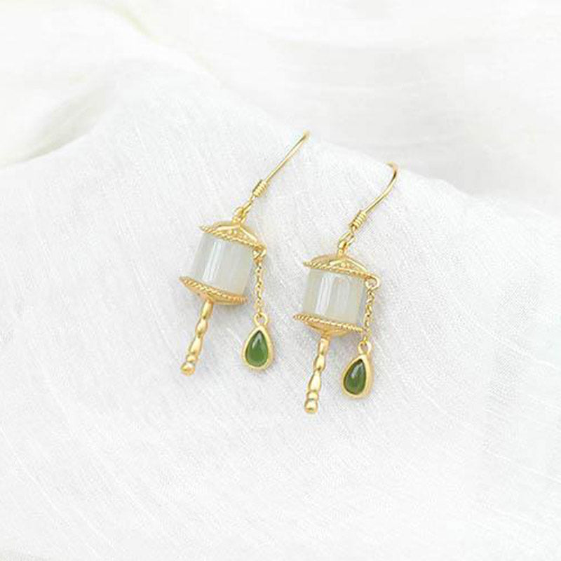 Nimara Ritual 925 Sterling Silver Jade Prayer Wheel Luck Drop Earrings