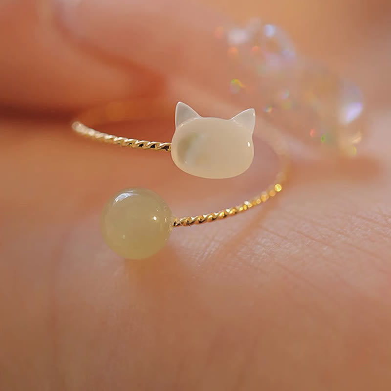Nimara Ritual Tridacna Stone Cat Head Jade Bead Blessing Ring