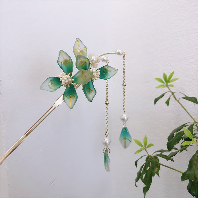Nimara Ritual Flower Leaf Pearl Peace Tassel Hairpin