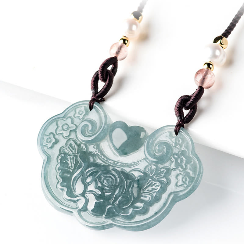 Nimara Ritual Natural Jade Peony Flower Lock of Good Wishes Prosperity Necklace Pendant
