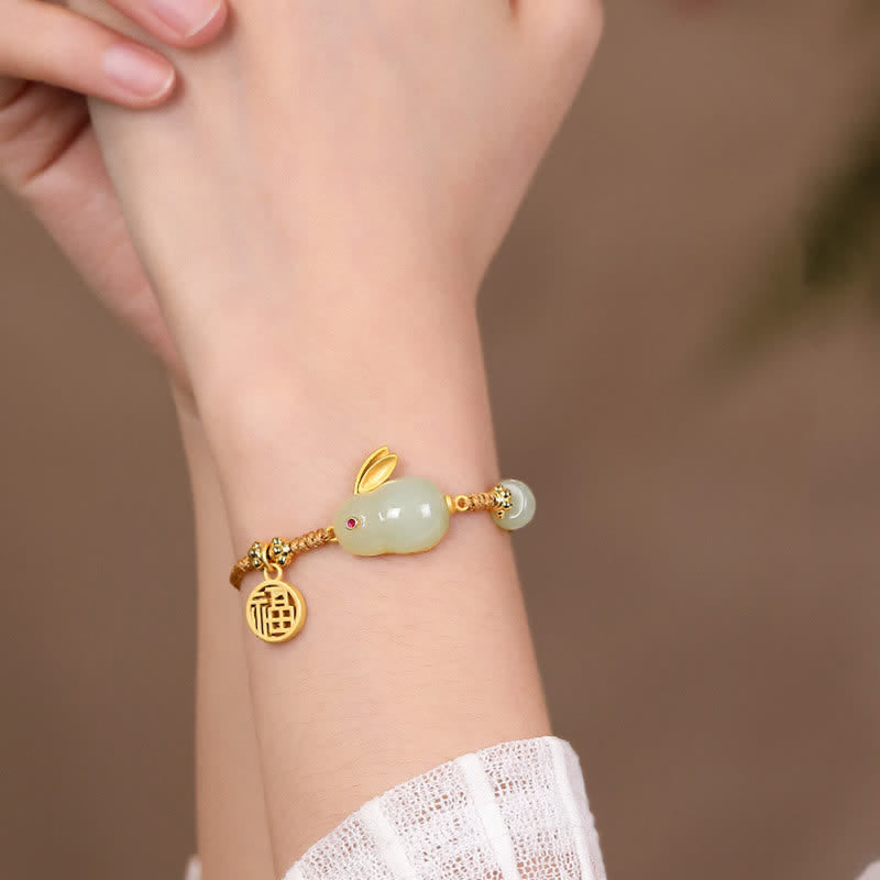 Nimara Ritual Year of the Rabbit Hetian Jade Happiness Blessing Wealth String Bracelet