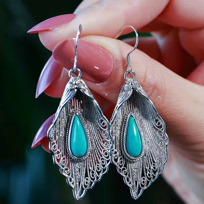 Nimara Ritual 925 Sterling Silver Turquoise Bodhi Leaf Pattern Protection Drop Dangle Earrings