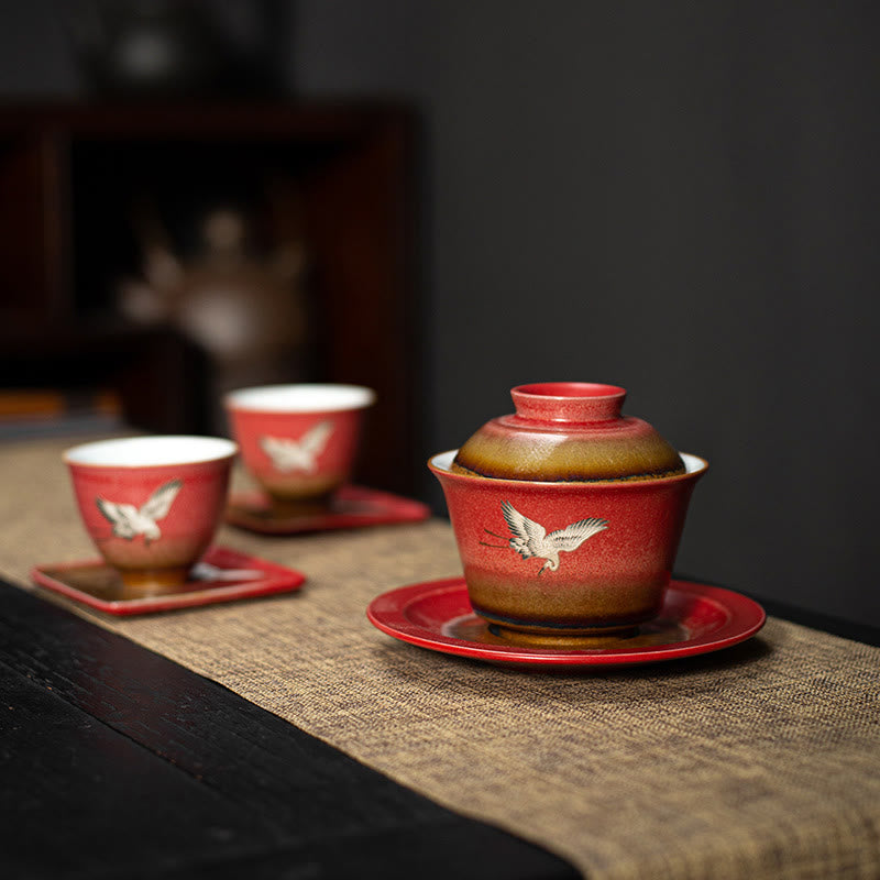 Nimara Ritual Red Auspicious Crane Ceramic Gaiwan Sancai Teacup Kung Fu Tea Cup And Saucer With Lid
