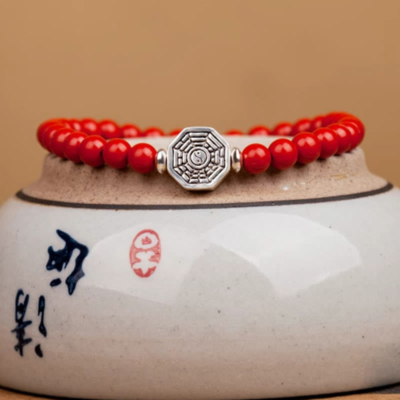 Nimara Ritual 925 Sterling Silver Yin Yang Bagua Symbol Cinnabar String Concentration Bracelet