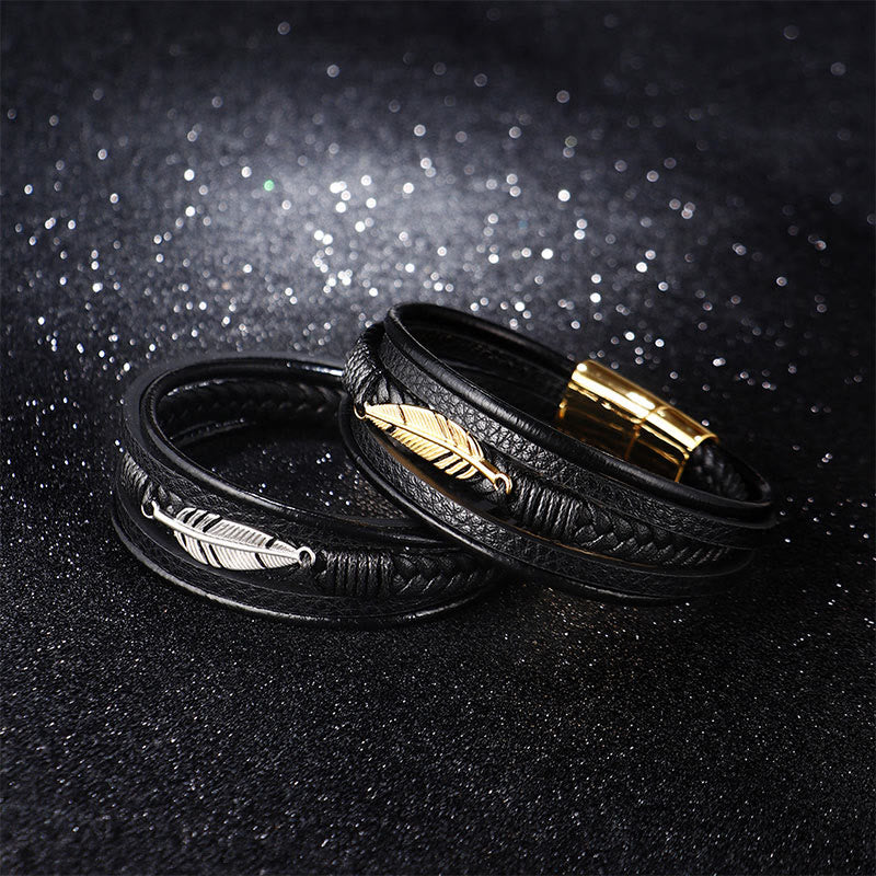 Nimara Ritual Feather Pattern Multilayer Leather Titanium Steel Calm Braided Magnetic Buckle Bracelet