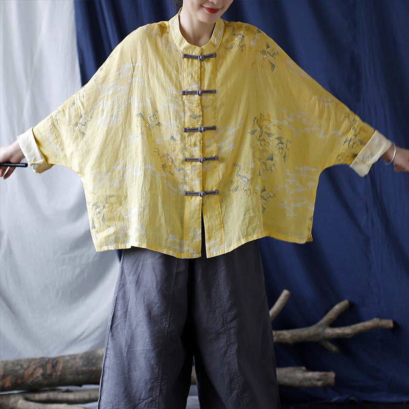 Nimara Ritual Yellow Phoenix Print Frog-button Design Long Sleeve Ramie Linen Jacket Shirt
