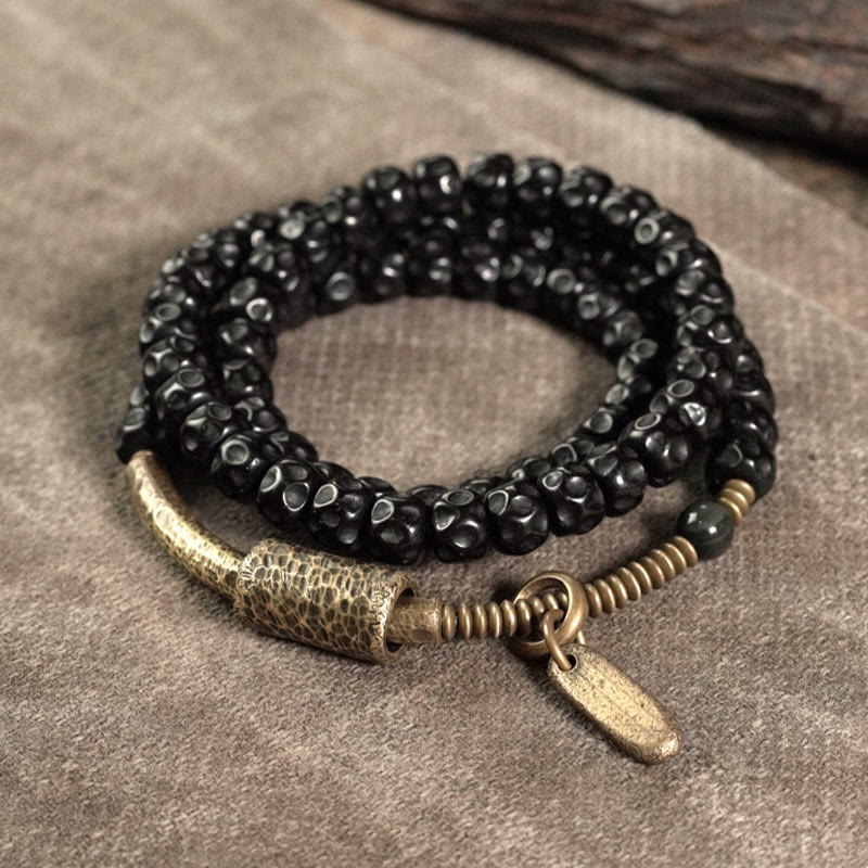 Nimara Ritual Retro Coconut Shell Brass Copper Happiness Triple Wrap Bracelet