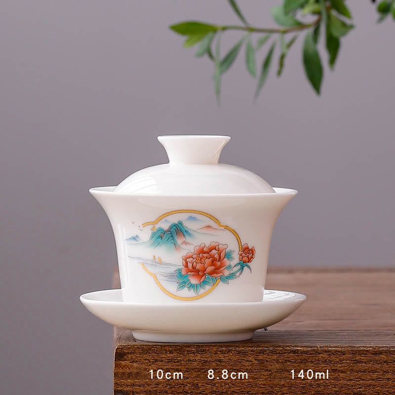 Nimara Ritual White Porcelain Mountain Landscape Countryside Ceramic Gaiwan Teacup Kung Fu Tea Cup And Saucer With Lid