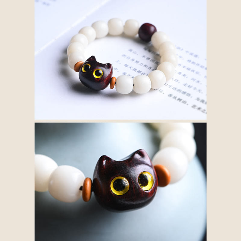 Nimara Ritual Natural Bodhi Seed Small Leaf Red Sandalwood Ebony Wood Cute Lucky Cat Wisdom Bracelet