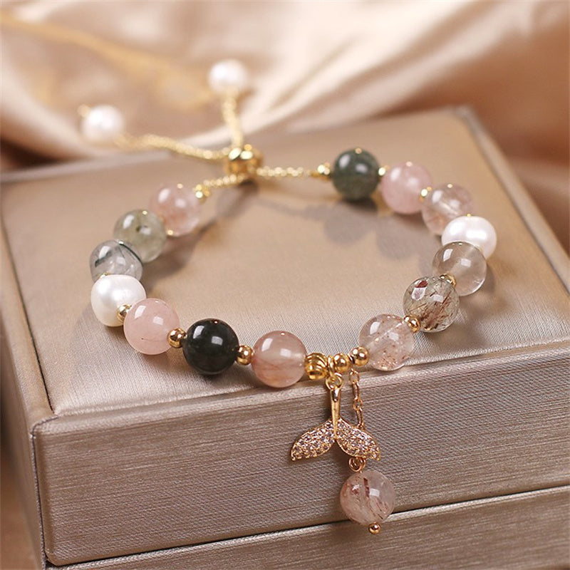 Nimara Ritual Strawberry Quartz Rutilated Quartz Fishtail Charm Healing Bracelet