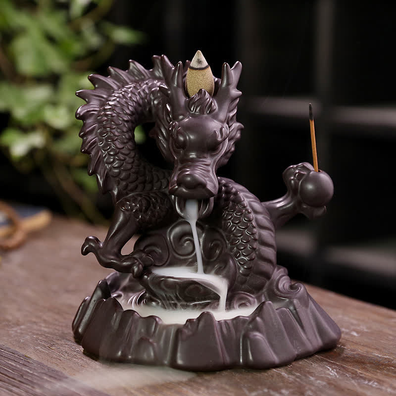 Nimara Ritual Auspicious Dragon Ceramic Backflow Smoke Fountain Meditation Healing Incense Burner Led Ball Decoration