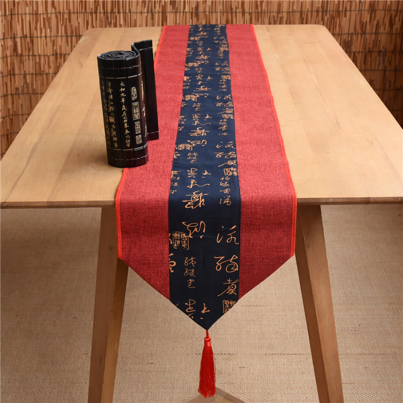 Nimara Ritual Classic Chinese Style Lotus Koi Fish Flower Crane Calligraphy Enlightenment Cotton Linen Tassels Table Runner
