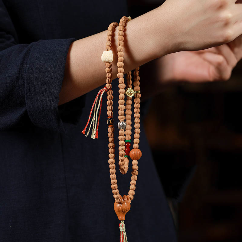 Nimara Ritual 108 Beads Bodhi Seed Red Agate Deer Head Wisdom Mala Bracelet