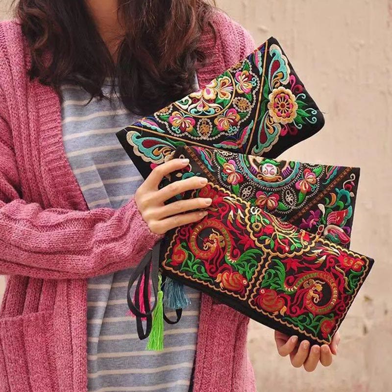 Nimara Ritual Dragon Butterfly Cosmos Flower Embroidery Wallet Shopping Purse