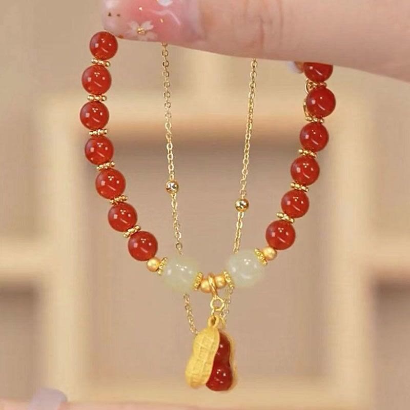Nimara Ritual Jade Leaf Ginkgo Tulip Peanut Fu Character Luck Beaded Bracelet