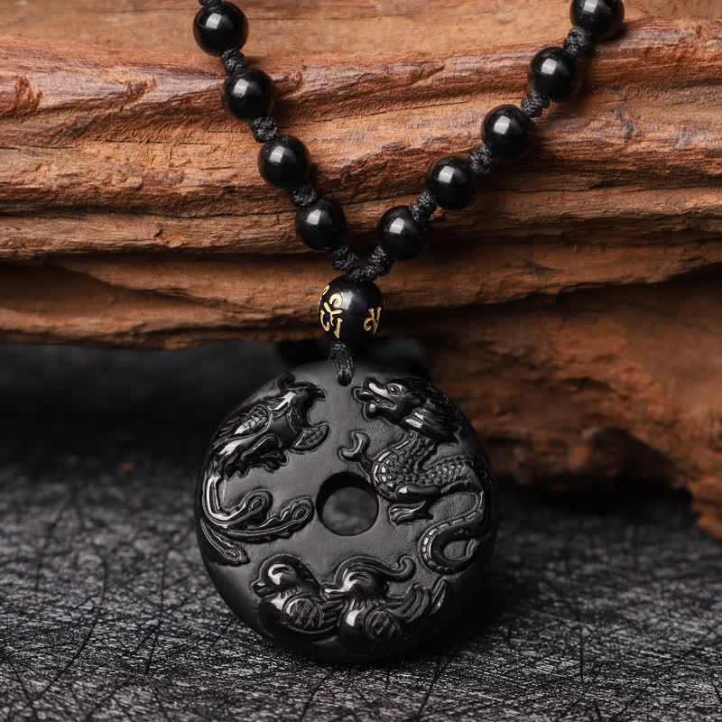 Nimara Ritual Black Obsidian Dragon Phoenix Mandarin Duck Luck Protection Necklace Pendant