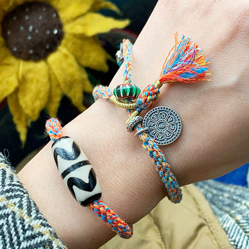 Nimara Ritual Tibetan 925 Sterling Silver Om Mani Padme Hum Handmade Dzi Bead Protection Braid Bracelet