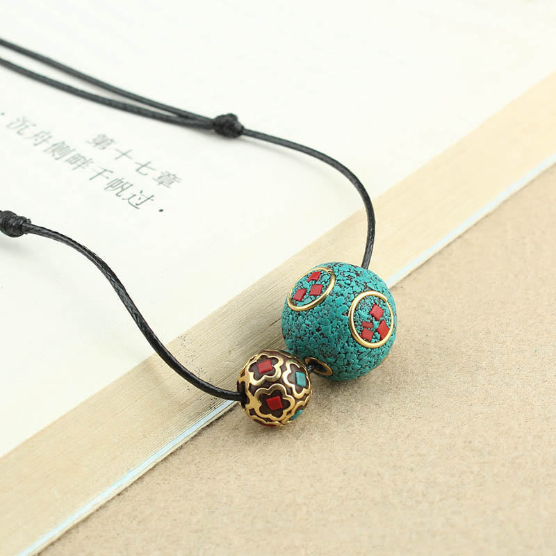 Nimara Ritual Tibetan Turquoise Double Bead Protection Strength Necklace Pendant