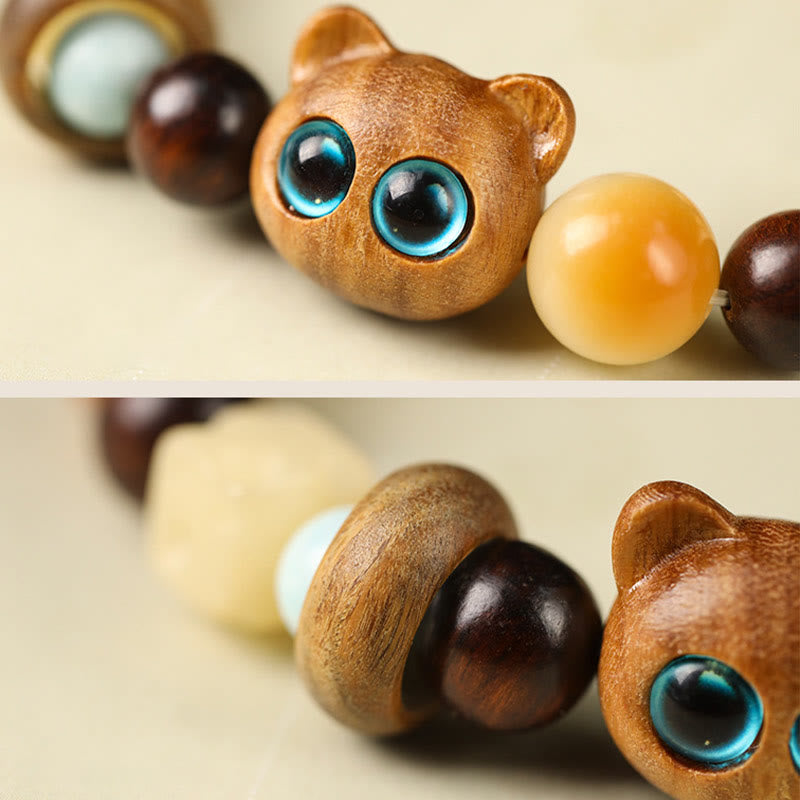 Nimara Ritual Natural Bodhi Seed Sandalwood Lucky Cute Cat Head Paw Claw Peace Bracelet