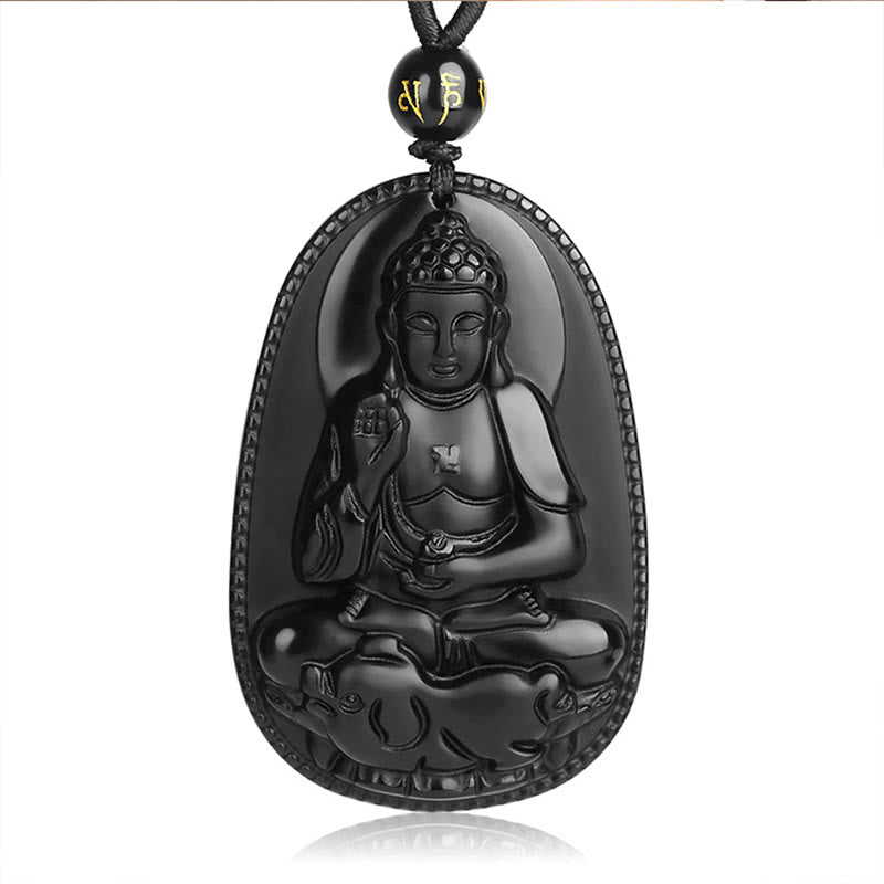 Nimara Ritual Chinese Zodiac Natal Buddha Natural Black Obsidian Purification Necklace Pendant