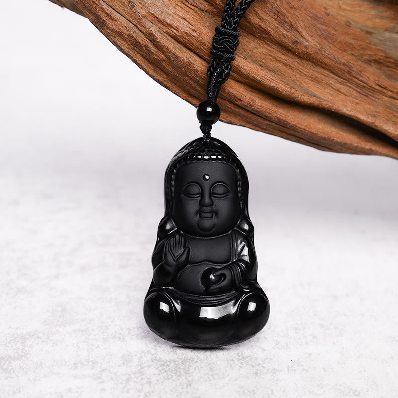 Nimara Ritual Natural Black Obsidian Crystal Buddha Strength Protection Amulet Lucky Charm Pendant Necklace