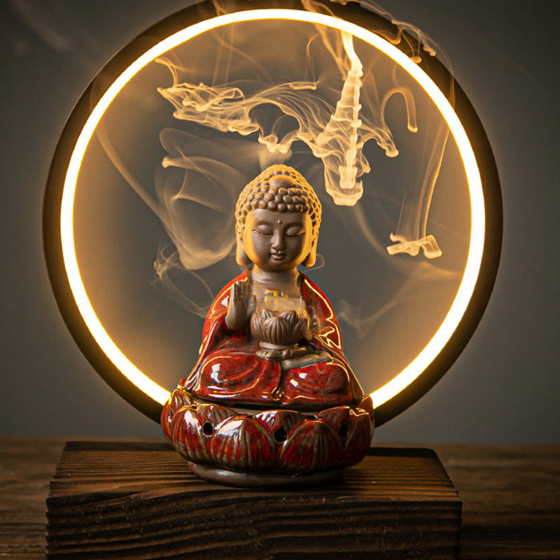 Nimara Ritual Buddha Lotus Backflow Smoke Fountain Ceramic Blessing Incense Burner With Light Decoration