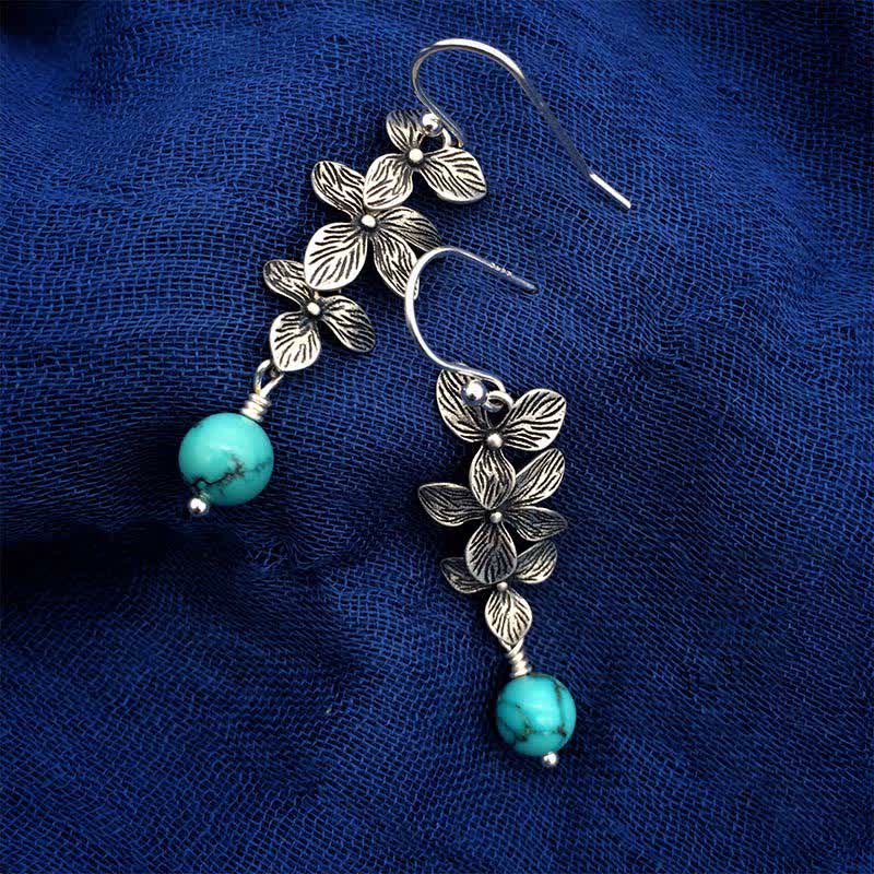 Nimara Ritual 925 Sterling Silver Turquoise Lazurite Flower Leaf Serenity Protection Hook Drop Dangle Earrings