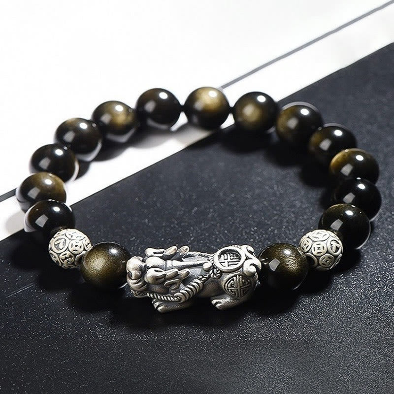 Nimara Ritual 925 Sterling Silver Natural Gold Sheen Obsidian PiXiu Wealth Protection Bracelet