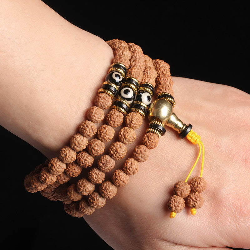 Nimara Ritual 108 Mala Beads Rudraksha Bodhi Seed Dzi Bead Luck Wealth Bracelet