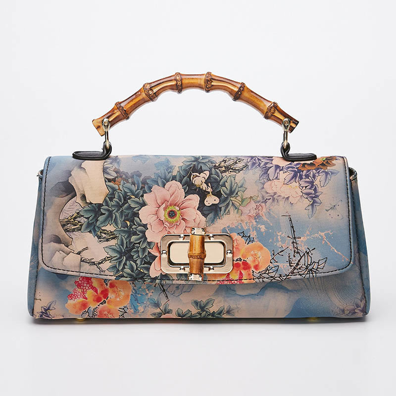 Nimara Ritual Flower Pattern Bamboo Handle Metal Chain Crossbody Bag Handbags