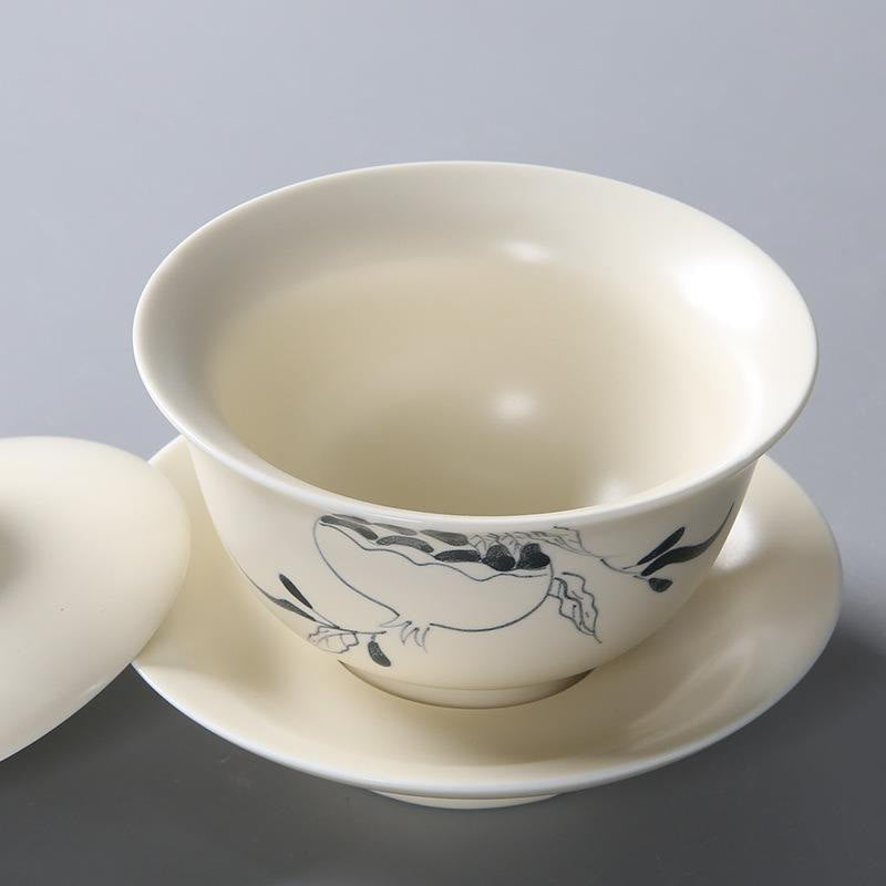 Nimara Ritual Hand Painted Pomegranate Hibiscus Pine Lotus Ceramic Gaiwan Sancai Teacup Kung Fu Tea Cup And Saucer With Lid